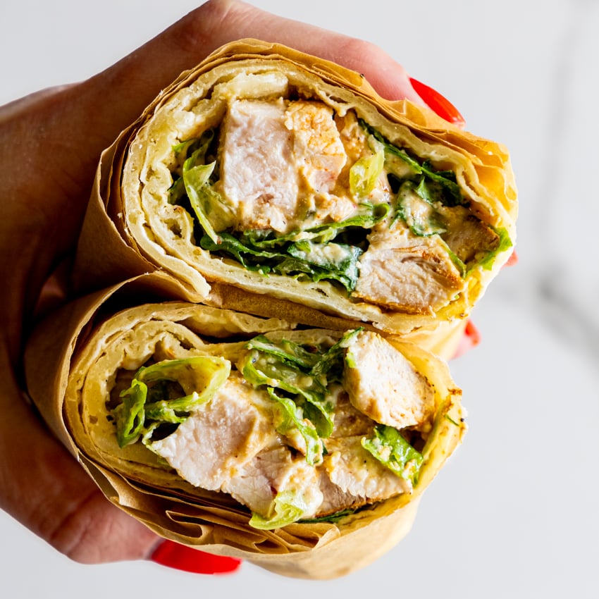 Healthy Chicken Caesar Wraps with cottage cheese tortillas and yogurt dressing.
