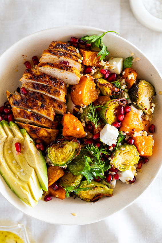 Sweet potato grain salad with chicken.