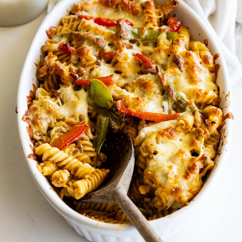 Taco Pasta Bake in an oval casserole dish.