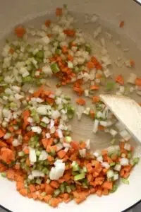 Mirepoix fried in frying pan.