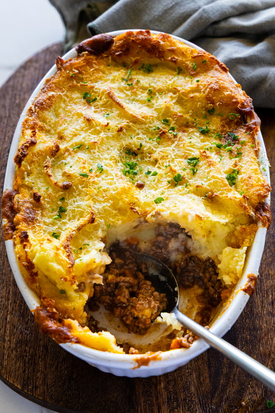 Cottage Pie in an oval baking dish.