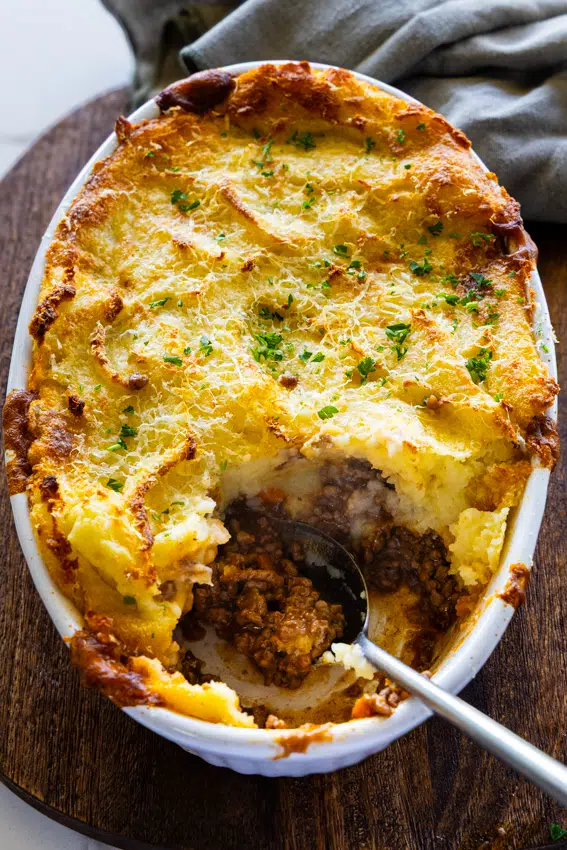 Cottage Pie in an oval baking dish.