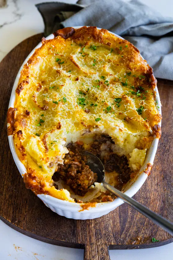 Cottage Pie in oval baking dish.