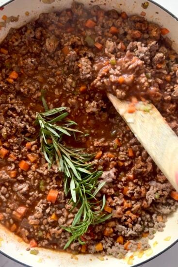 Cottage pie filling in pan.