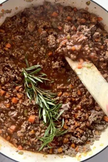 Cottage pie filling in pan.