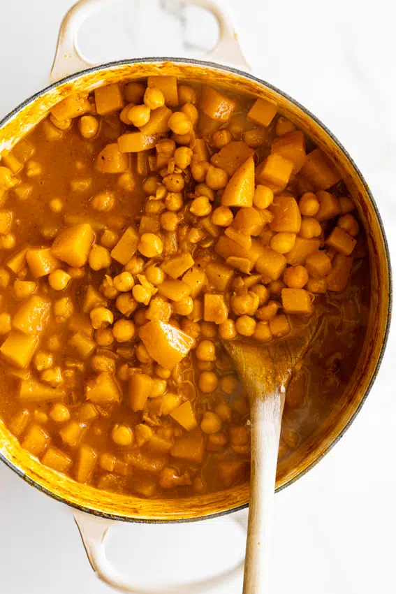 Creamy chickpea butternut squash curry in a pot.