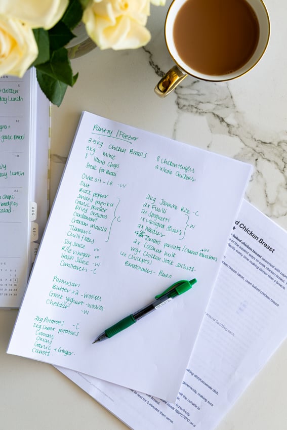 A shopping list of pantry goods for a month.