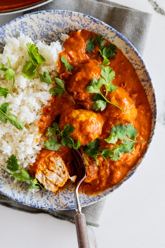 Butter Chicken Meatballs served with rice.