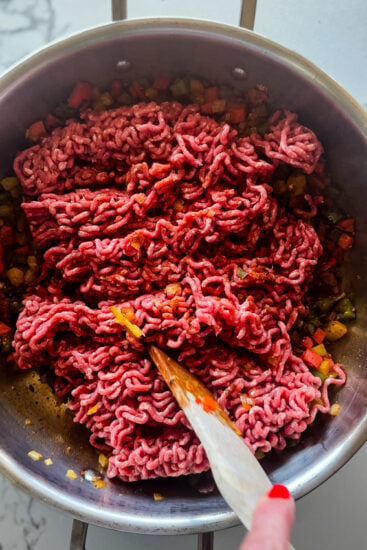 Ground beef added to chilli con carne.