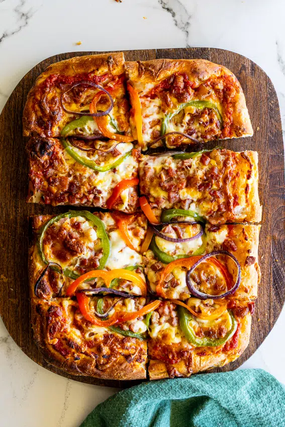 Sheet pan pizza with bacon and peppers