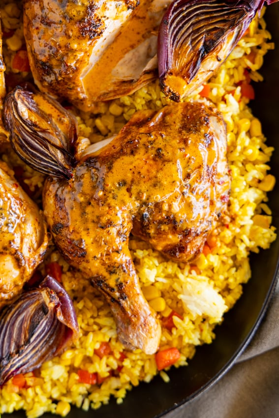 Creamy Peri-Peri Spatchcock Chicken on rice.