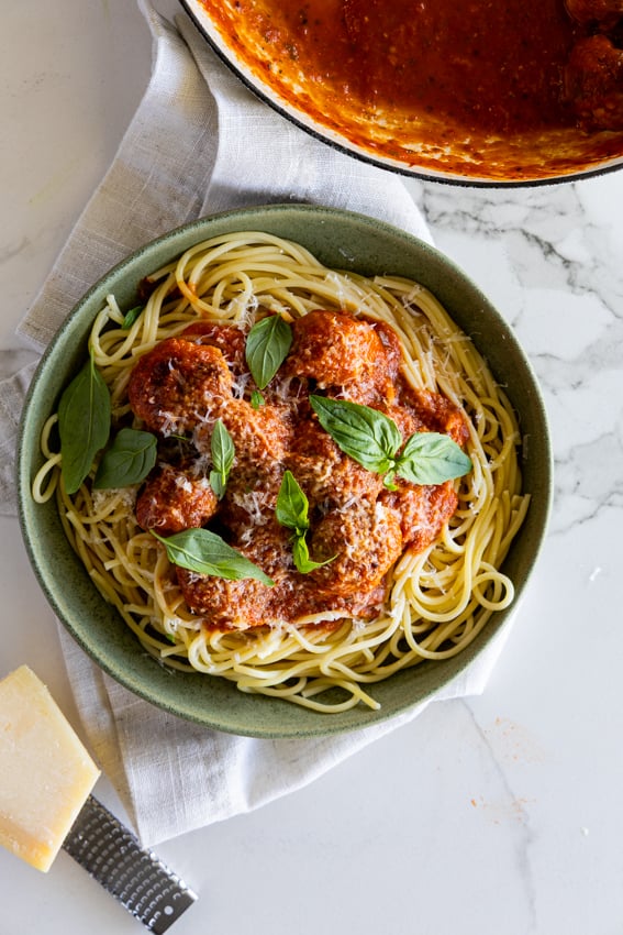 Pork Sausage Meatballs with Spaghetti.