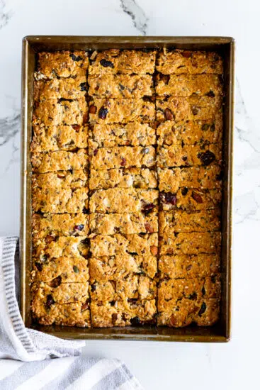 Baked and sliced rusks in baking pan.