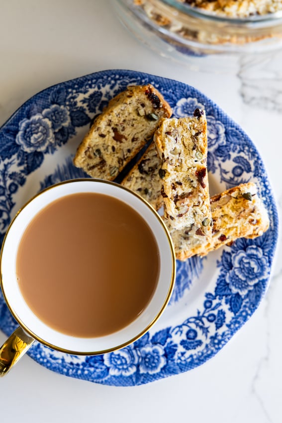 Seed and Nut Rusks served with a cup of tea.