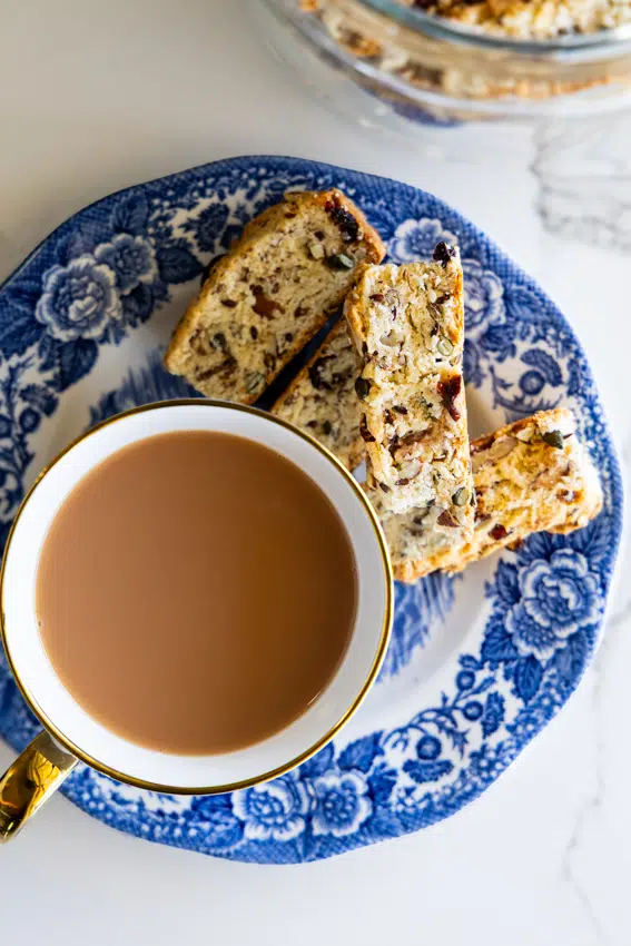 Seed and Nut Rusks served with a cup of tea.