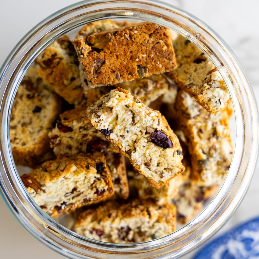 Seed and Nut Rusks in glass jar.