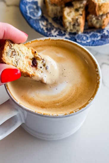 Rusks dunked into a cup of coffee.
