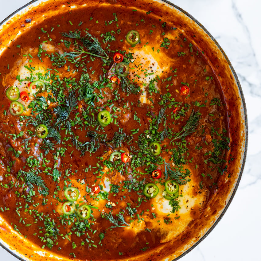 Easy Shakshuka with fresh herbs.