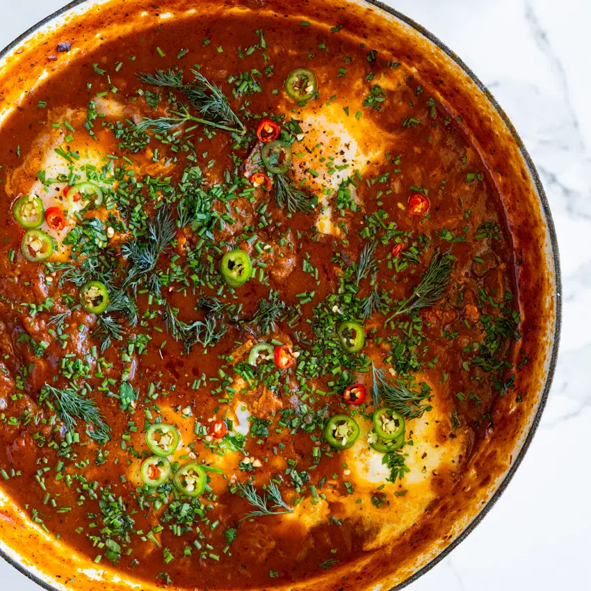 Easy Shakshuka with fresh herbs.
