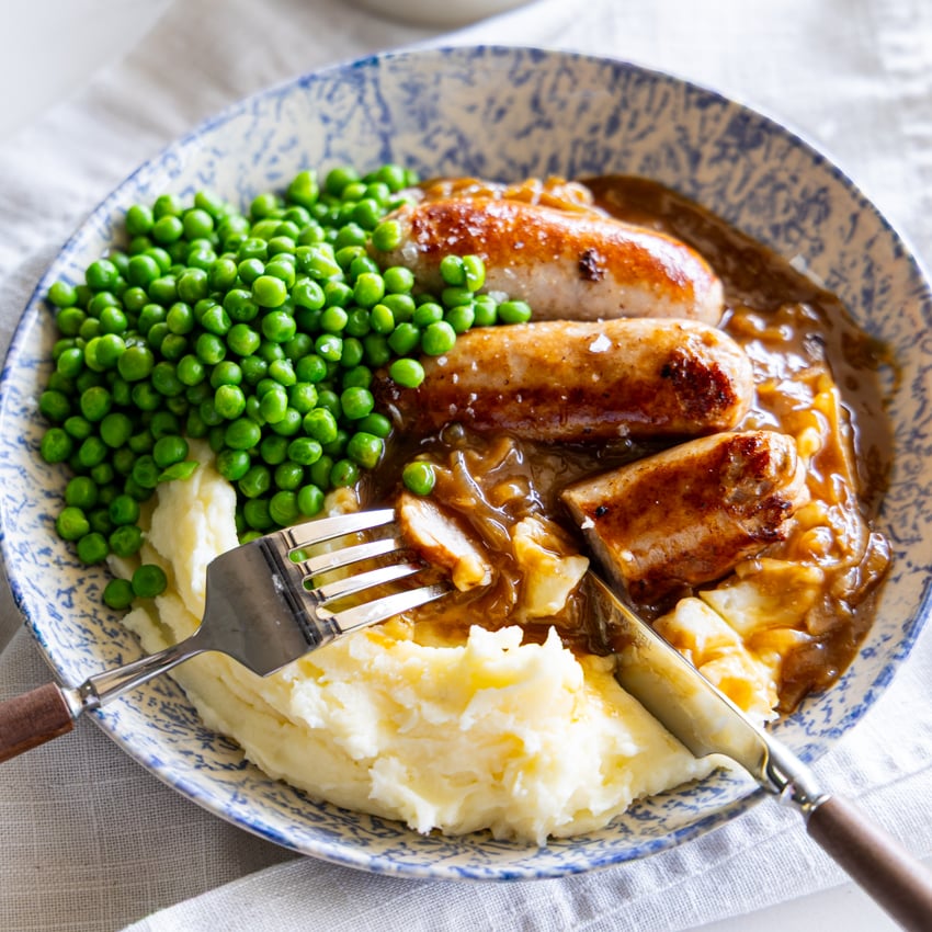 Bangers and Mash with Onion Gravy.
