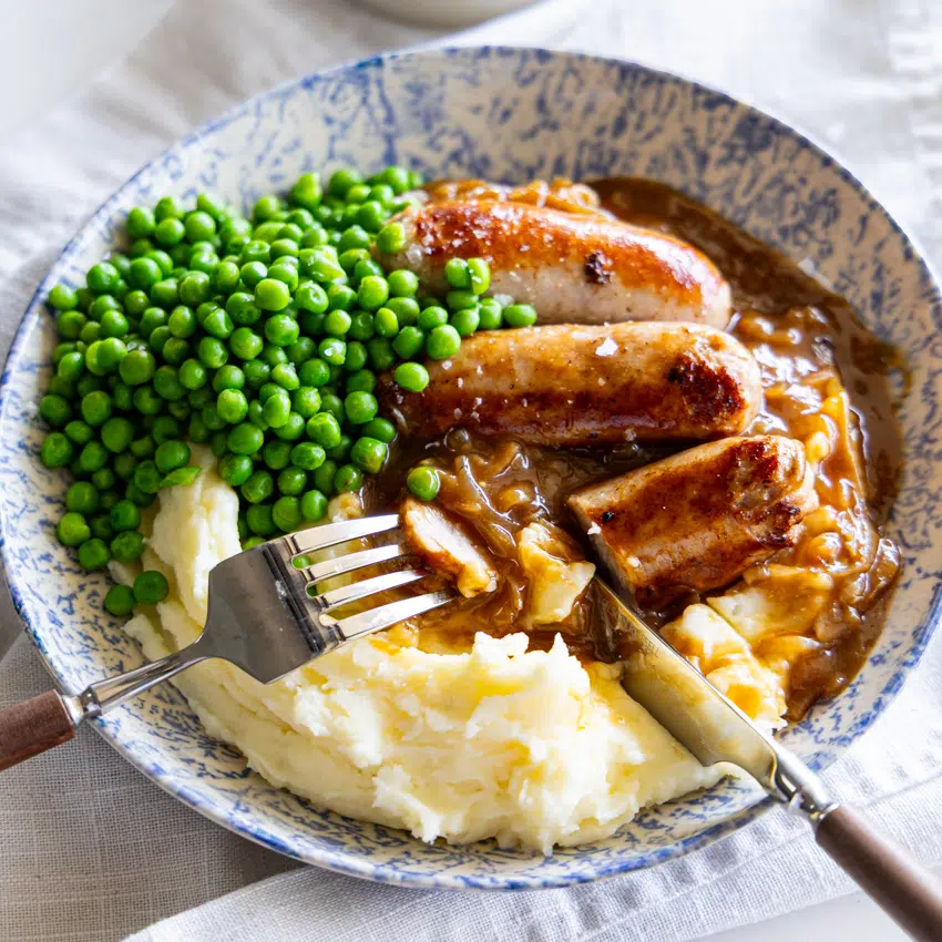 Bangers and Mash with Onion Gravy.
