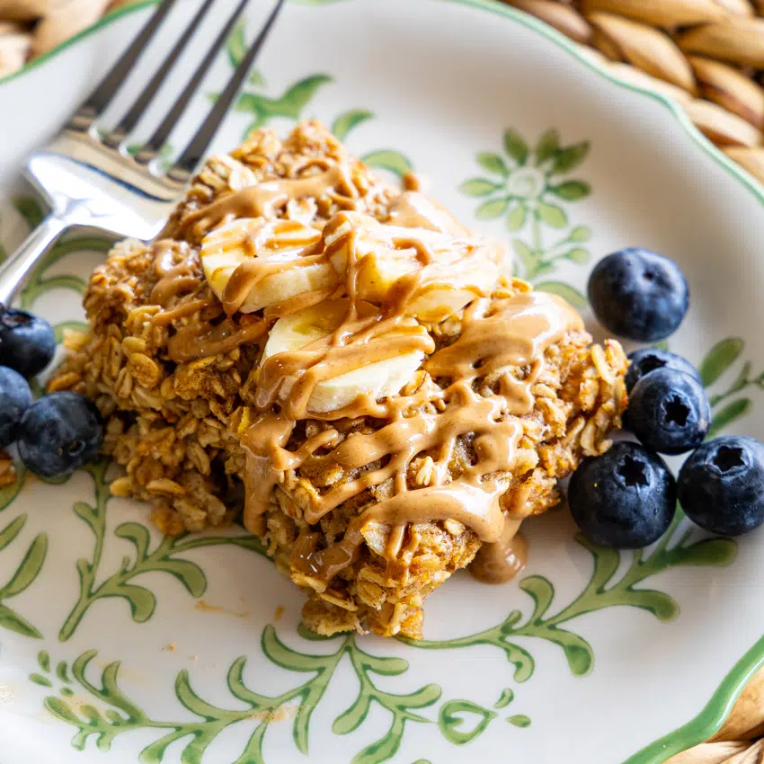 Easy baked oatmeal with bananas and blueberries.