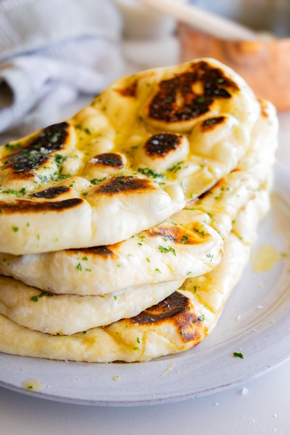 Soft, pillow garlic butter naan.