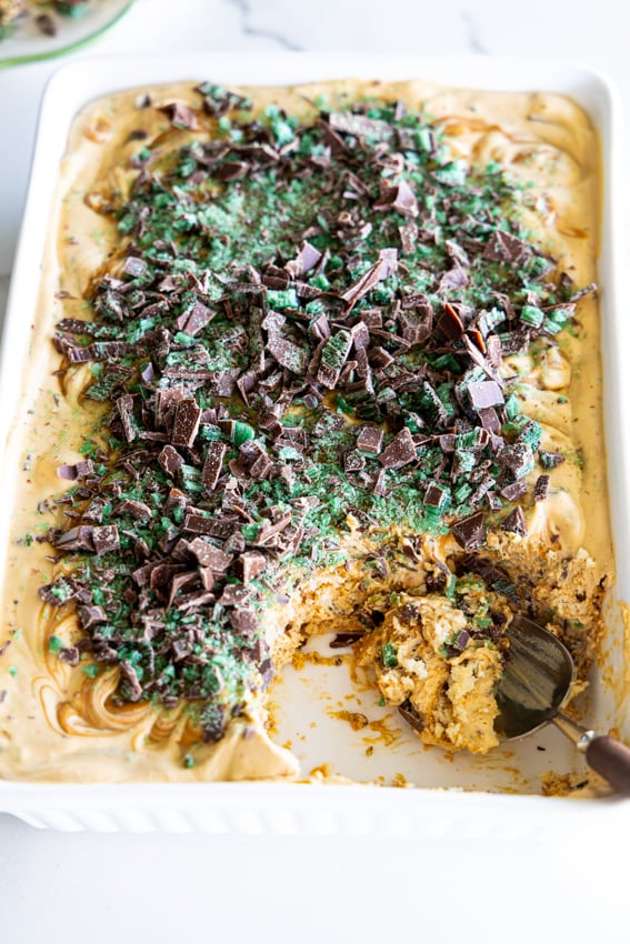 South African Peppermint Crisp Tart in white dish.