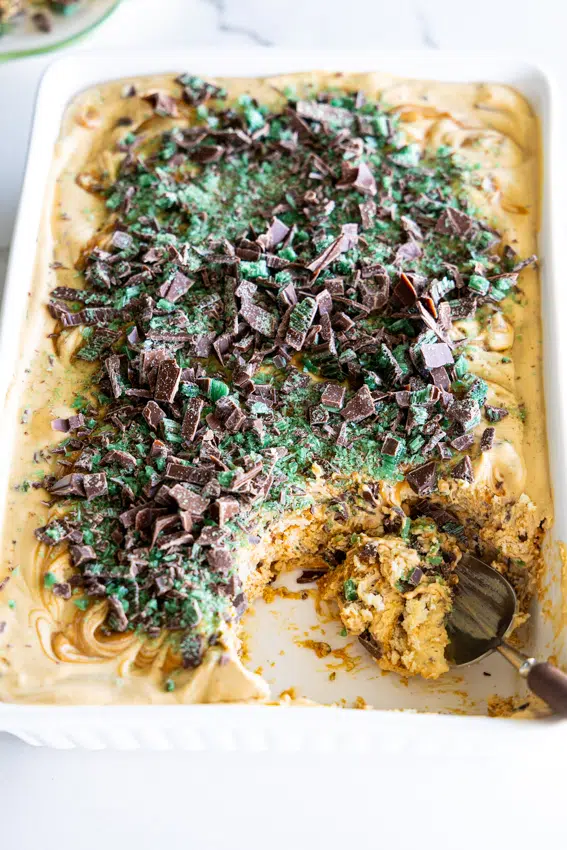 South African Peppermint Crisp Tart in white dish.