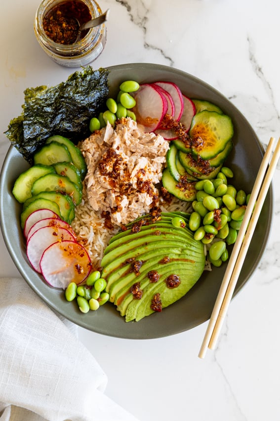 Spicy Tuna Rice Bowl with avocado, cucumber and edamame.