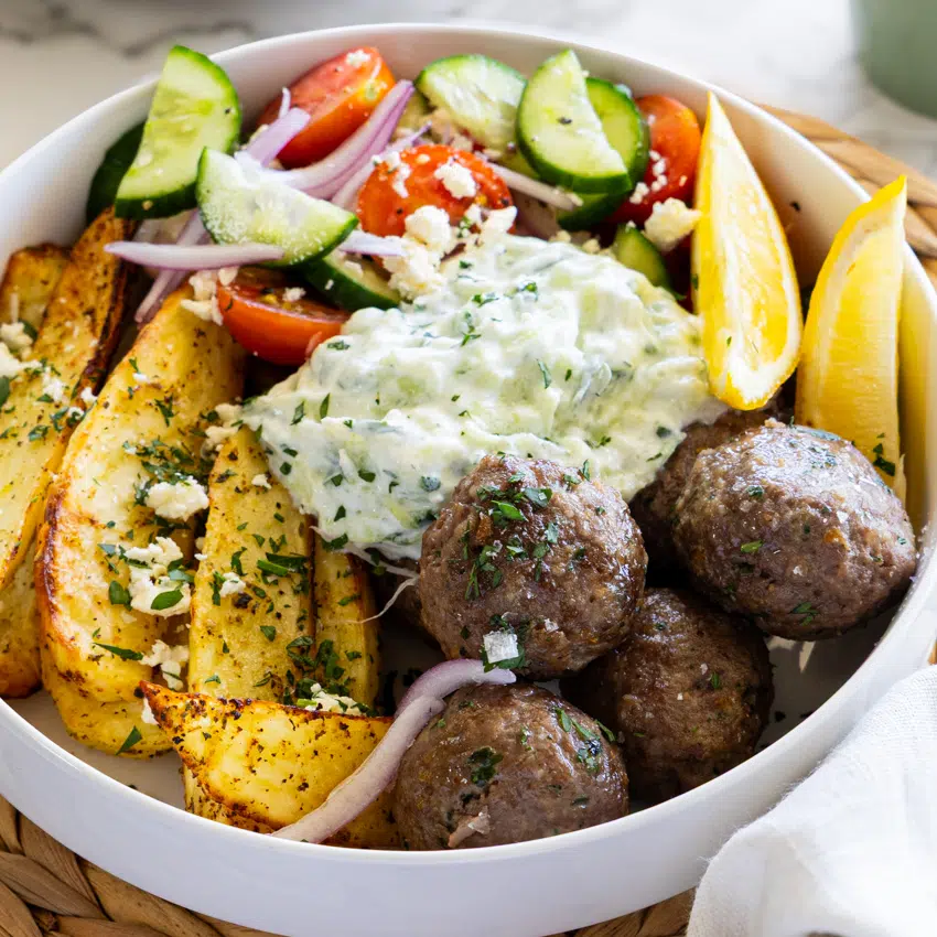 Easy Greek Meatball Bowls.